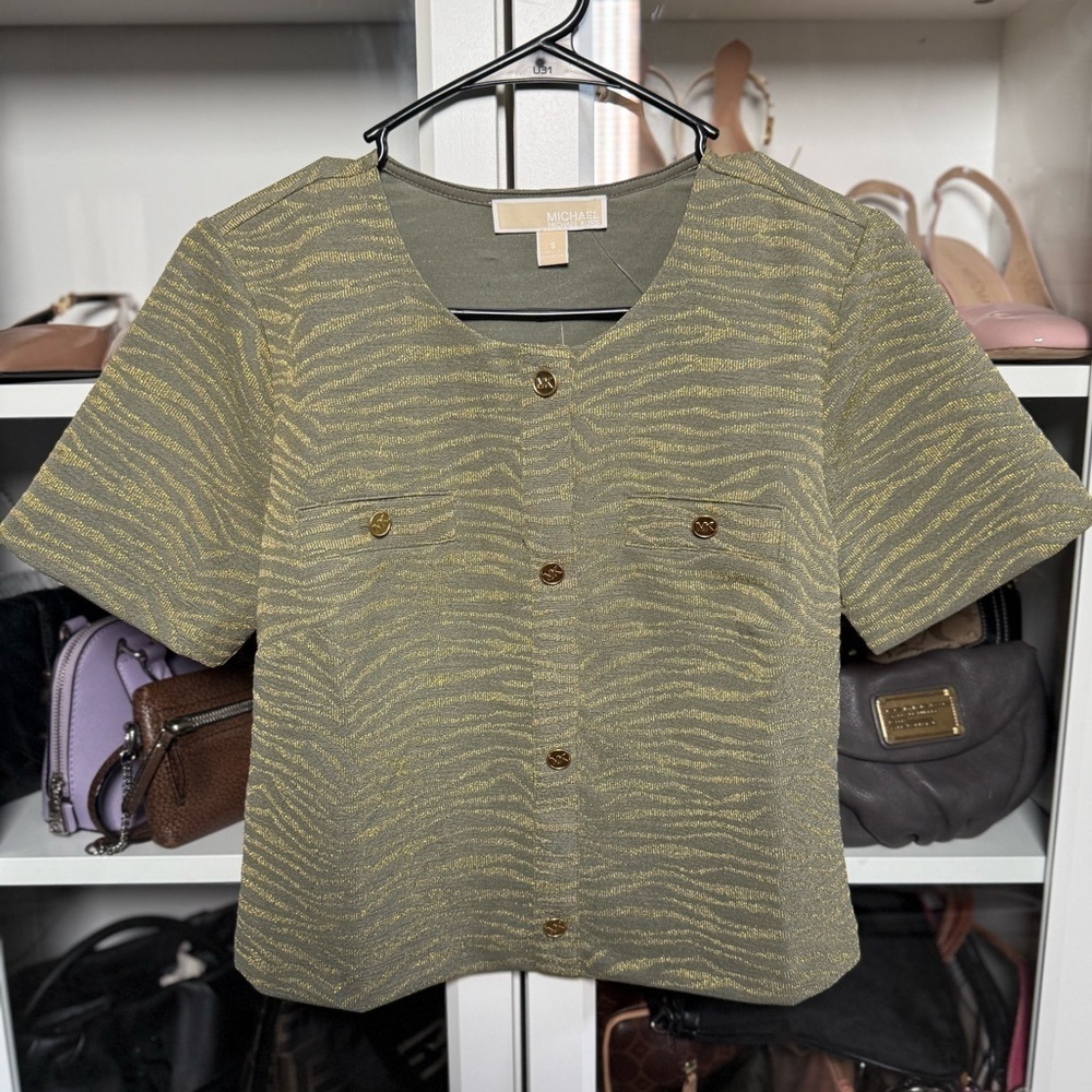 NWT Michael Kors Olive Green and Gold Zebra Pattern Button Up Short Sleeve Top